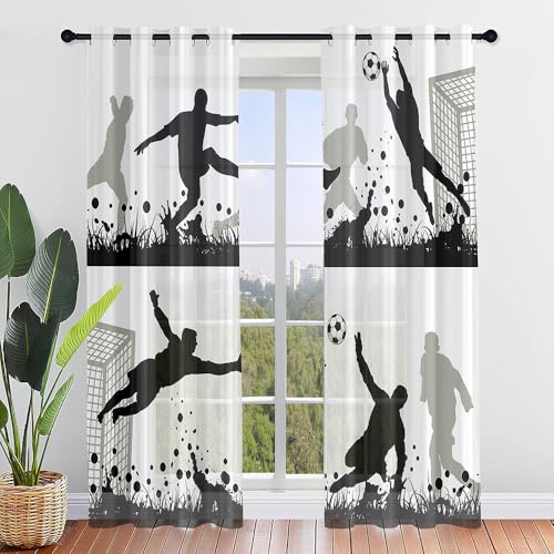 Hiseng Voile Vorhänge mit Ösen Durchsichtig Halbtransparent Ösenvorhang für Fenster Fußball Wohnzimmer Schlafzimmer Moderne Junge Transparent Gardine 2er Set (107x213cm,Weiß) von Hiseng