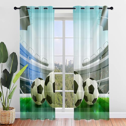 Hiseng Voile Vorhänge mit Ösen Durchsichtig Halbtransparent Ösenvorhang für Fenster Fußball Wohnzimmer Schlafzimmer Moderne Junge Transparent Gardine 2er Set (132x182cm,Schwarz) von Hiseng