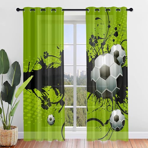 Hiseng Voile Vorhänge mit Ösen Durchsichtig Halbtransparent Ösenvorhang für Fenster Fußball Wohnzimmer Schlafzimmer Moderne Junge Transparent Gardine 2er Set (132x213cm,Grün) von Hiseng