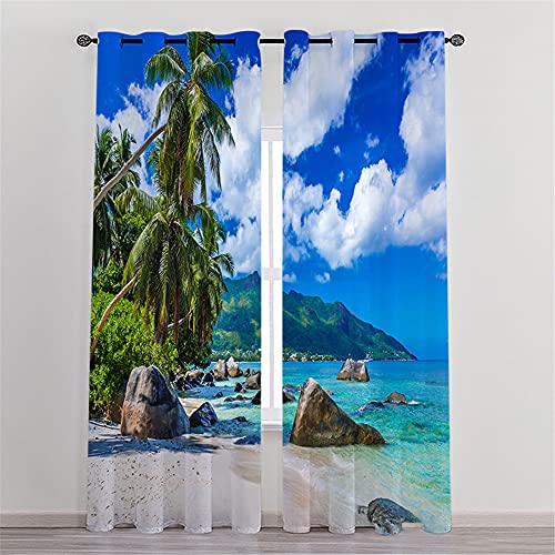 Hiseng Voile Vorhänge mit Ösen Durchsichtig Halbtransparent Ösenvorhang für Fenster Wohnzimmer Schlafzimmer 3D-Landschaft Moderne und Elegante Transparent Gardine 2er Set (Insel,132x182cm) von Hiseng