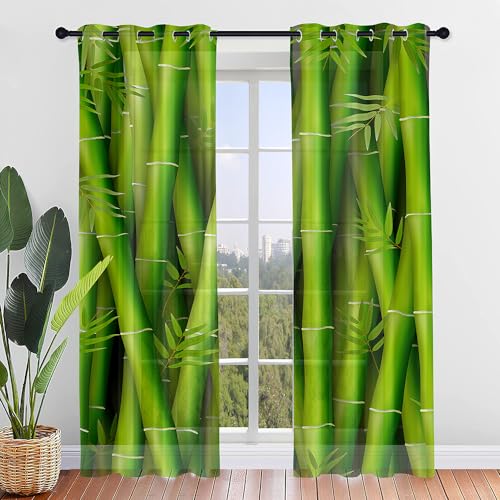 Hiseng Voile Vorhänge mit Ösen Durchsichtig Halbtransparent Ösenvorhang für Fenster Wohnzimmer Schlafzimmer Bambus Wald Moderne Transparent Gardine 2er Set (Grün,140x213cm) von Hiseng