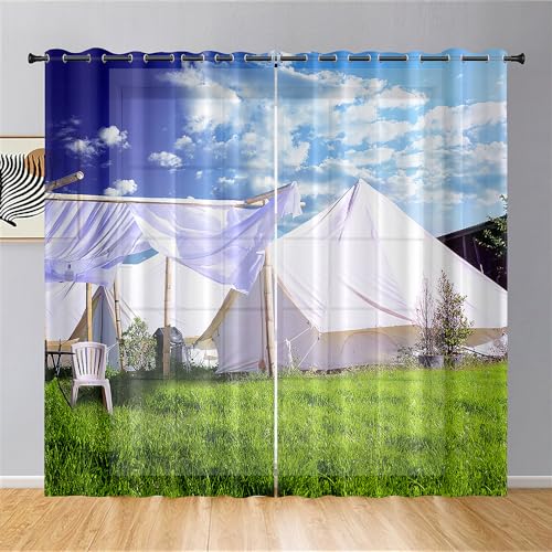 Hiseng Voile Vorhänge mit Ösen Durchsichtig Halbtransparent Ösenvorhang für Fenster Wohnzimmer Schlafzimmer Camping Zelt Moderne Transparent Gardine 2er Set (80x115cm,Blauer Himmel) von Hiseng
