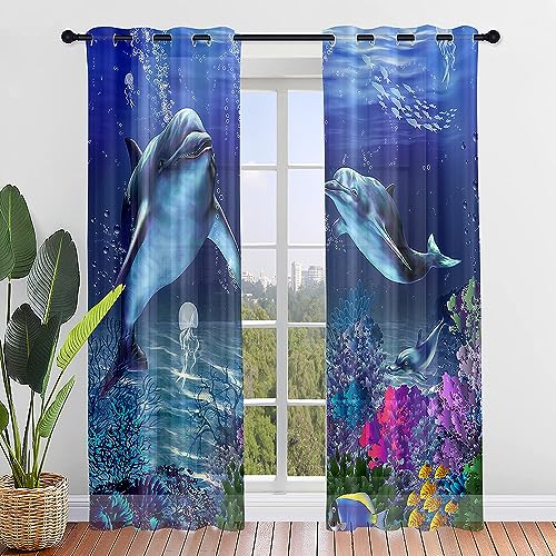 Hiseng Voile Vorhänge mit Ösen Durchsichtig Halbtransparent Ösenvorhang für Fenster Wohnzimmer Schlafzimmer Delphin Fisch Druck Transparent Gardine 2er Set (Blaue Koralle,80x115cm) von Hiseng