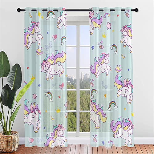 Hiseng Voile Vorhänge mit Ösen Durchsichtig Halbtransparent Ösenvorhang für Fenster Wohnzimmer Schlafzimmer Einhorn Druck Moderne Elegante Transparent Gardine 2er Set (107x160cm,Kronen Einhorn) von Hiseng
