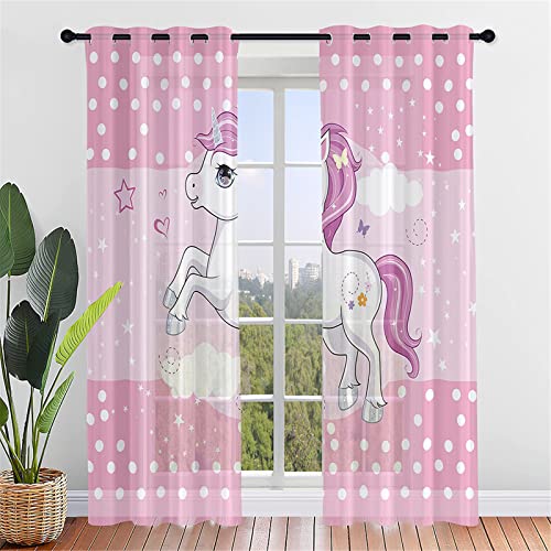 Hiseng Voile Vorhänge mit Ösen Durchsichtig Halbtransparent Ösenvorhang für Fenster Wohnzimmer Schlafzimmer Einhorn Druck Moderne Elegante Transparent Gardine 2er Set (107x160cm,Rosa Schön) von Hiseng