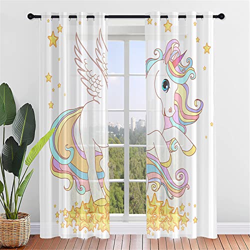 Hiseng Voile Vorhänge mit Ösen Durchsichtig Halbtransparent Ösenvorhang für Fenster Wohnzimmer Schlafzimmer Einhorn Druck Moderne Elegante Transparent Gardine 2er Set (132x182cm,Traumhaft Stern) von Hiseng