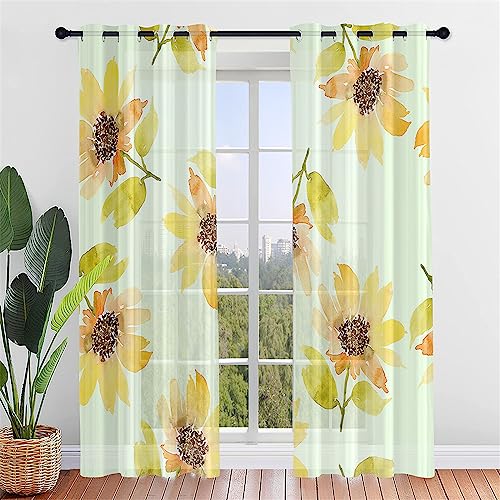 Hiseng Voile Vorhänge mit Ösen Durchsichtig Halbtransparent Ösenvorhang für Fenster Wohnzimmer Schlafzimmer Elegant Blumen Transparent Gardine 2er Set (107x213cm,Gelbe Blumen) von Hiseng