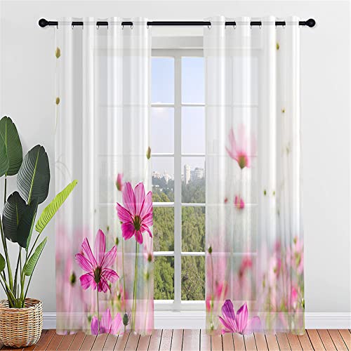 Hiseng Voile Vorhänge mit Ösen Durchsichtig Halbtransparent Ösenvorhang für Fenster Wohnzimmer Schlafzimmer Elegant Blumen Transparent Gardine 2er Set (55x95cm,Rosa weiß) von Hiseng