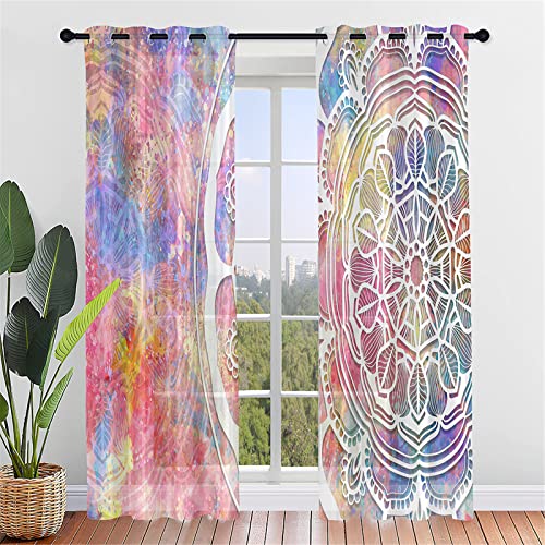 Hiseng Voile Vorhänge mit Ösen Durchsichtig Halbtransparent Ösenvorhang für Fenster Wohnzimmer Schlafzimmer Elegant Mandala Druck Transparent Gardine 2er Set (Verträumte Galaxie,140x213cm) von Hiseng
