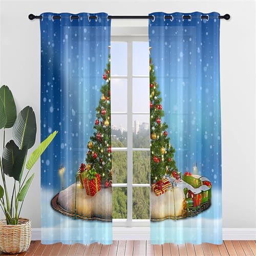 Hiseng Voile Vorhänge mit Ösen Durchsichtig Halbtransparent Ösenvorhang für Fenster Wohnzimmer Schlafzimmer Elegant Weihnachten Bunt Transparent Gardine 2er Set (107x213cm,Blaue Weihnachten) von Hiseng