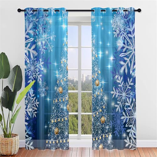 Hiseng Voile Vorhänge mit Ösen Durchsichtig Halbtransparent Ösenvorhang für Fenster Wohnzimmer Schlafzimmer Elegant Weihnachten Bunt Transparent Gardine 2er Set (107x213cm,Schneeflocke) von Hiseng