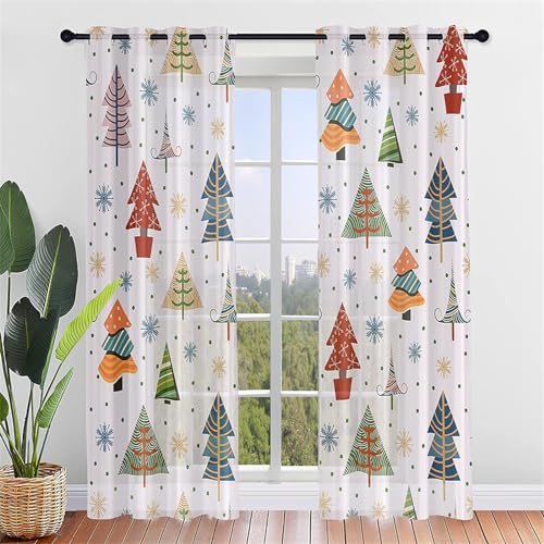 Hiseng Voile Vorhänge mit Ösen Durchsichtig Halbtransparent Ösenvorhang für Fenster Wohnzimmer Schlafzimmer Elegant Weihnachten Bunt Transparent Gardine 2er Set (107x213cm,Weihnachtsbaum) von Hiseng