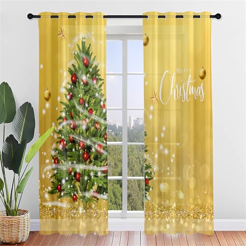 Hiseng Voile Vorhänge mit Ösen Durchsichtig Halbtransparent Ösenvorhang für Fenster Wohnzimmer Schlafzimmer Elegant Weihnachten Bunt Transparent Gardine 2er Set (107x244cm,Goldglänzend) von Hiseng