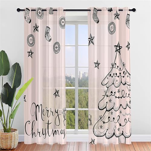 Hiseng Voile Vorhänge mit Ösen Durchsichtig Halbtransparent Ösenvorhang für Fenster Wohnzimmer Schlafzimmer Elegant Weihnachten Bunt Transparent Gardine 2er Set (140x275cm,Weihnachtssocken) von Hiseng