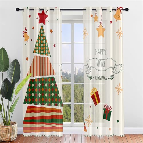 Hiseng Voile Vorhänge mit Ösen Durchsichtig Halbtransparent Ösenvorhang für Fenster Wohnzimmer Schlafzimmer Elegant Weihnachten Bunt Transparent Gardine 2er Set (55x95cm,Frohe Weihnachten) von Hiseng