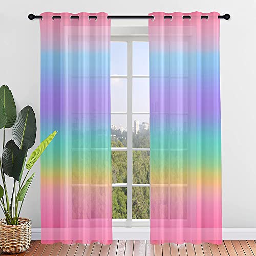 Hiseng Voile Vorhänge mit Ösen Durchsichtig Halbtransparent Ösenvorhang für Fenster Wohnzimmer Schlafzimmer Farbverlauf Elegante Moderne Transparent Gardine 2er Set (107x160cm,Mehrfarbig) von Hiseng