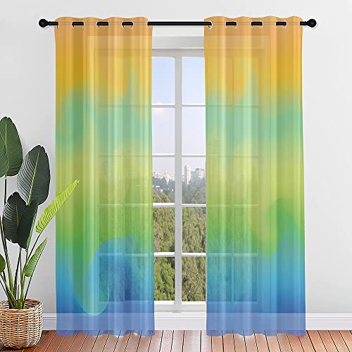 Hiseng Voile Vorhänge mit Ösen Durchsichtig Halbtransparent Ösenvorhang für Fenster Wohnzimmer Schlafzimmer Farbverlauf Elegante Moderne Transparent Gardine 2er Set (107x213cm,Blau Grün) von Hiseng