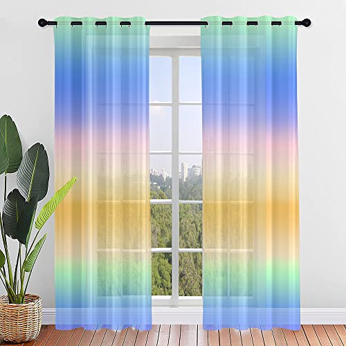 Hiseng Voile Vorhänge mit Ösen Durchsichtig Halbtransparent Ösenvorhang für Fenster Wohnzimmer Schlafzimmer Farbverlauf Elegante Moderne Transparent Gardine 2er Set (132x244cm,Gelbgrün) von Hiseng