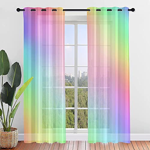 Hiseng Voile Vorhänge mit Ösen Durchsichtig Halbtransparent Ösenvorhang für Fenster Wohnzimmer Schlafzimmer Farbverlauf Elegante Moderne Transparent Gardine 2er Set (140x213cm,Regenbogen) von Hiseng