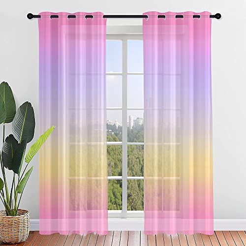 Hiseng Voile Vorhänge mit Ösen Durchsichtig Halbtransparent Ösenvorhang für Fenster Wohnzimmer Schlafzimmer Farbverlauf Elegante Moderne Transparent Gardine 2er Set (140x244cm,Pink Lila) von Hiseng