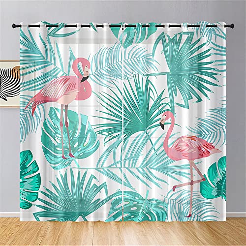 Hiseng Voile Vorhänge mit Ösen Durchsichtig Halbtransparent Ösenvorhang für Fenster Wohnzimmer Schlafzimmer Flamingo Druck Moderne Elegante Transparent Gardine 2er Set (107x244cm,Blaugrün) von Hiseng