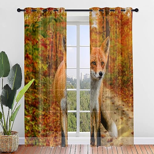 Hiseng Voile Vorhänge mit Ösen Durchsichtig Halbtransparent Ösenvorhang für Fenster Wohnzimmer Schlafzimmer Fuchs Tier 3D Moderne Transparent Gardine 2er Set (132x182cm,Ahorn) von Hiseng