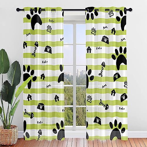Hiseng Voile Vorhänge mit Ösen Durchsichtig Halbtransparent Ösenvorhang für Fenster Wohnzimmer Schlafzimmer Fußabdruck Moderne und Elegante Transparent Gardine 2er Set (132x244cm,Grün) von Hiseng