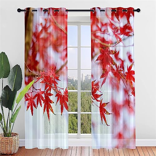 Hiseng Voile Vorhänge mit Ösen Durchsichtig Halbtransparent Ösenvorhang für Fenster Wohnzimmer Schlafzimmer Herbst Moderne Transparent Gardine 2er Set (107x160cm,Rote Blätter) von Hiseng