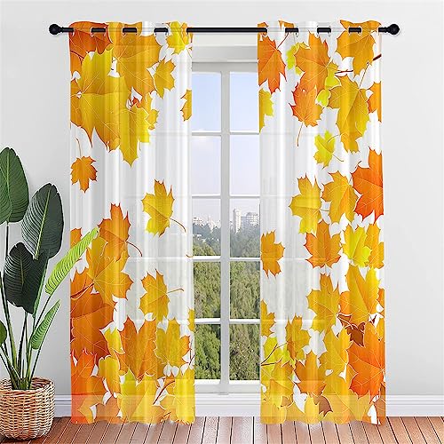 Hiseng Voile Vorhänge mit Ösen Durchsichtig Halbtransparent Ösenvorhang für Fenster Wohnzimmer Schlafzimmer Herbst Moderne Transparent Gardine 2er Set (132x182cm,Gelb Weiss) von Hiseng