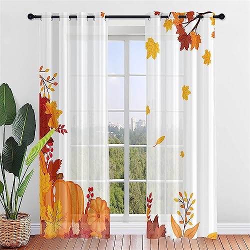 Hiseng Voile Vorhänge mit Ösen Durchsichtig Halbtransparent Ösenvorhang für Fenster Wohnzimmer Schlafzimmer Herbst Moderne Transparent Gardine 2er Set (140x275cm,Ahornblatt) von Hiseng