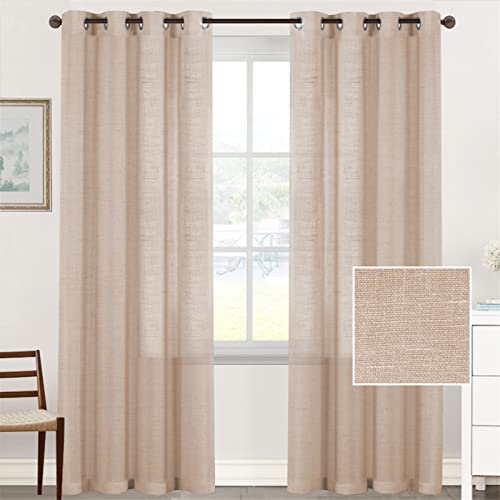Hiseng Voile Vorhänge mit Ösen Durchsichtig Halbtransparent Ösenvorhang für Fenster Wohnzimmer Schlafzimmer Leinen Einfarbig Elegante Transparent Gardine 2er Set (132x241cm,Hellbraun) von Hiseng
