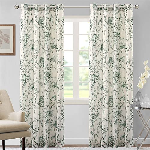 Hiseng Voile Vorhänge mit Ösen Durchsichtig Halbtransparent Ösenvorhang für Fenster Wohnzimmer Schlafzimmer Leinen Vintage Rosenblüte Transparent Gardine 2er Set (132x114cm,Waldgrün) von Hiseng