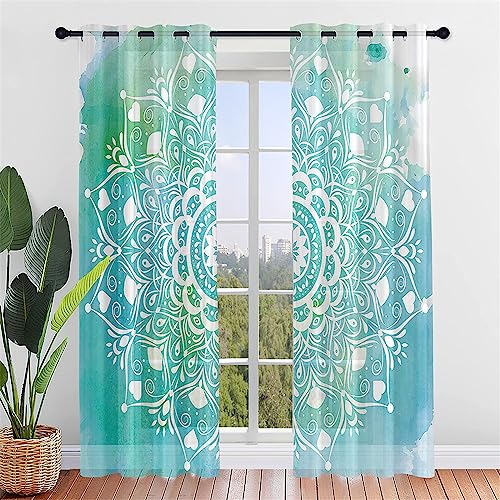 Hiseng Voile Vorhänge mit Ösen Durchsichtig Halbtransparent Ösenvorhang für Fenster Wohnzimmer Schlafzimmer Mandala Exotisch Moderne Transparent Gardine 2er Set (140x213cm,Blaugrüner Farbverlauf) von Hiseng