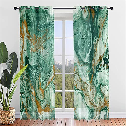 Hiseng Voile Vorhänge mit Ösen Durchsichtig Halbtransparent Ösenvorhang für Fenster Wohnzimmer Schlafzimmer Marmor Elegant Moderne Transparent Gardine 2er Set (132x182cm,Türkis) von Hiseng