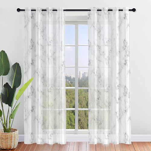 Hiseng Voile Vorhänge mit Ösen Durchsichtig Halbtransparent Ösenvorhang für Fenster Wohnzimmer Schlafzimmer Marmor Tinte Druck Moderne Transparent Gardine 2er Set (140x275cm,Weiß) von Hiseng