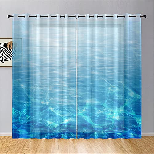 Hiseng Voile Vorhänge mit Ösen Durchsichtig Halbtransparent Ösenvorhang für Fenster Wohnzimmer Schlafzimmer Moderne Elegante Japanischer Stil Transparent Gardine 2er Set (140x244cm,das Meer) von Hiseng