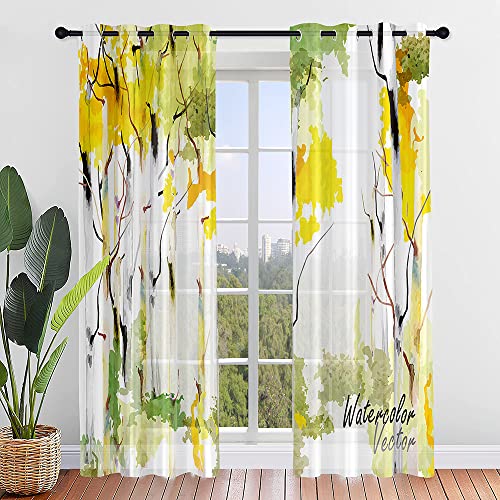 Hiseng Voile Vorhänge mit Ösen Durchsichtig Halbtransparent Ösenvorhang für Fenster Wohnzimmer Schlafzimmer Moderne Elegante Transparent Gardine 2er Set -Ahornblatt (132x182cm,Gelbgrün) von Hiseng