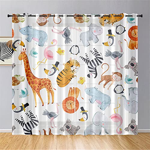 Hiseng Voile Vorhänge mit Ösen Durchsichtig Halbtransparent Ösenvorhang für Fenster Wohnzimmer Schlafzimmer Moderne und Elegante Transparent Gardine 2er Set (107x244cm,Welt Tiere) von Hiseng