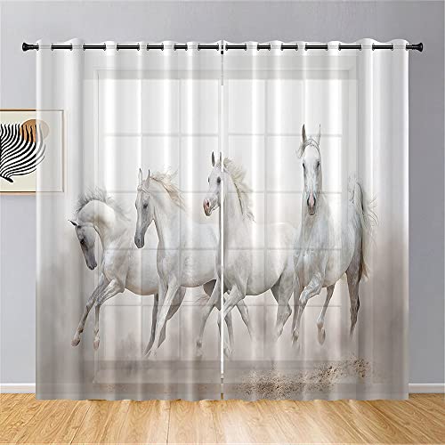 Hiseng Voile Vorhänge mit Ösen Durchsichtig Halbtransparent Ösenvorhang für Fenster Wohnzimmer Schlafzimmer Moderne und Elegante Transparent Gardine 2er Set (132x213cm,Vier Pferde) von Hiseng