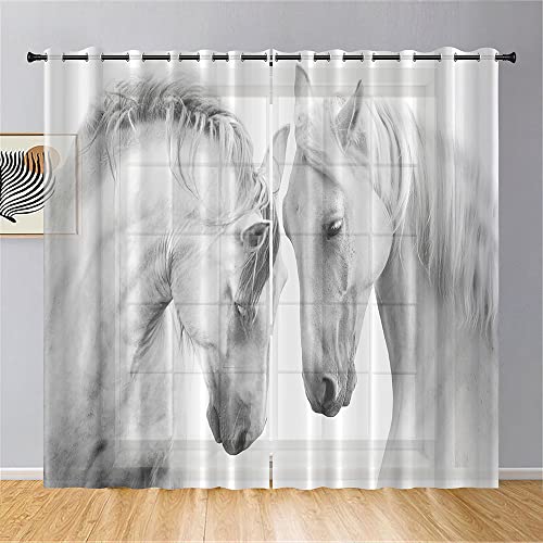Hiseng Voile Vorhänge mit Ösen Durchsichtig Halbtransparent Ösenvorhang für Fenster Wohnzimmer Schlafzimmer Moderne und Elegante Transparent Gardine 2er Set (132x244cm,Mann und Frau Pferd) von Hiseng