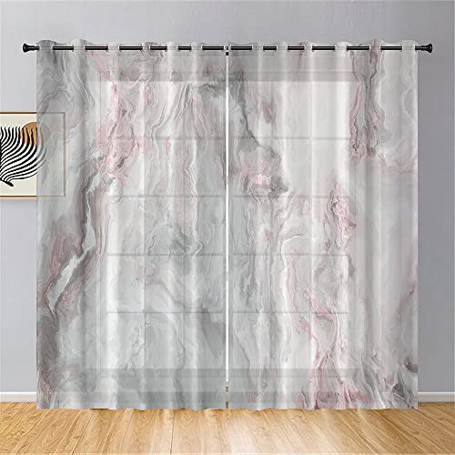 Hiseng Voile Vorhänge mit Ösen Durchsichtig Halbtransparent Ösenvorhang für Fenster Wohnzimmer Schlafzimmer Moderne und Elegante Transparent Gardine 2er Set (132x244cm,rosa Grauer Marmor) von Hiseng