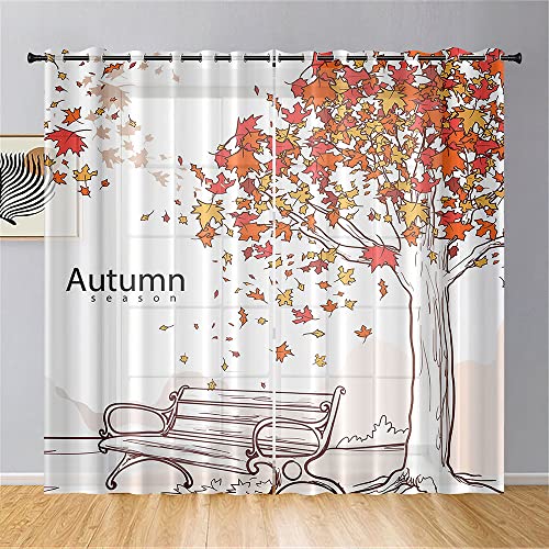 Hiseng Voile Vorhänge mit Ösen Durchsichtig Halbtransparent Ösenvorhang für Fenster Wohnzimmer Schlafzimmer Moderne und Elegante Transparent Gardine 2er Set (140x244cm,Herbstlandschaft) von Hiseng