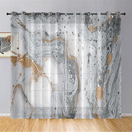 Hiseng Voile Vorhänge mit Ösen Durchsichtig Halbtransparent Ösenvorhang für Fenster Wohnzimmer Schlafzimmer Moderne und Elegante Transparent Gardine 2er Set (55x95cm,Vergoldeter Grauer Marmor) von Hiseng