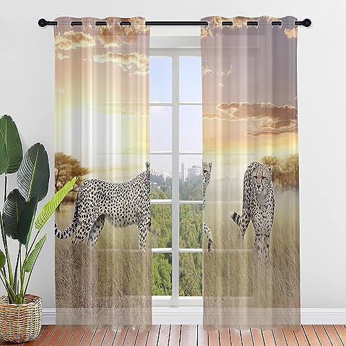 Hiseng Voile Vorhänge mit Ösen Durchsichtig Halbtransparent Ösenvorhang für Fenster Wohnzimmer Schlafzimmer Moderne und Elegante Transparent Gardine 2er Set (Afrikanischer Leopard,132x182cm) von Hiseng