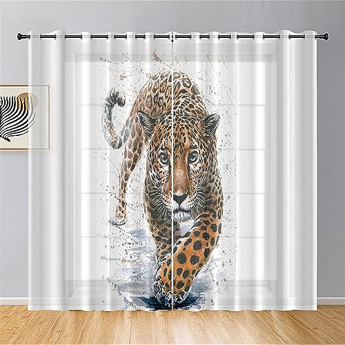 Hiseng Voile Vorhänge mit Ösen Durchsichtig Halbtransparent Ösenvorhang für Fenster Wohnzimmer Schlafzimmer Moderne und Elegante Transparent Gardine 2er Set (gelber Leopard,140x244cm) von Hiseng
