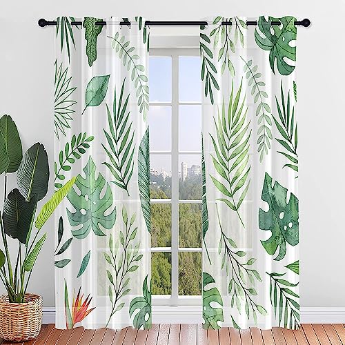 Hiseng Voile Vorhänge mit Ösen Durchsichtig Halbtransparent Ösenvorhang für Fenster Wohnzimmer Schlafzimmer Nordisch Blätter Pflanze Moderne Transparent Gardine 2er Set (107x160cm,Weiss) von Hiseng