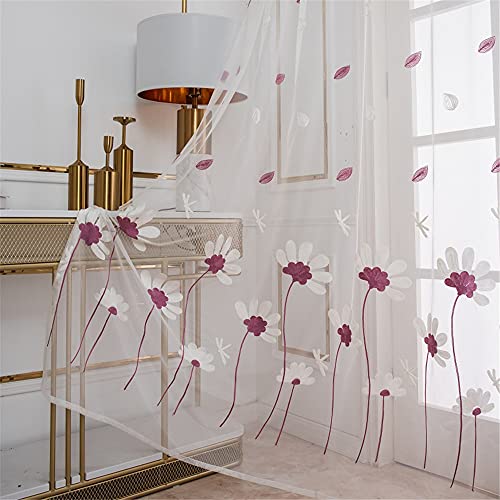 Hiseng Voile Vorhänge mit Ösen Durchsichtig Halbtransparent Ösenvorhang für Fenster Wohnzimmer Schlafzimmer Nordischer Stil Stickerei Moderne Elegante Transparent Gardine 2er Set (rot,106x160cm) von Hiseng