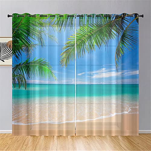 Hiseng Voile Vorhänge mit Ösen Durchsichtig Halbtransparent Ösenvorhang für Fenster Wohnzimmer Schlafzimmer Ozean Sommer Landschaft Moderne Transparent Gardine 2er Set (140x213cm,Strand) von Hiseng