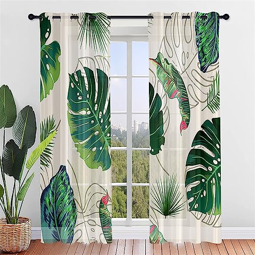 Hiseng Voile Vorhänge mit Ösen Durchsichtig Halbtransparent Ösenvorhang für Fenster Wohnzimmer Schlafzimmer Pflanzen Blätter Moderne Transparent Gardine 2er Set (107x213cm,Monstera) von Hiseng