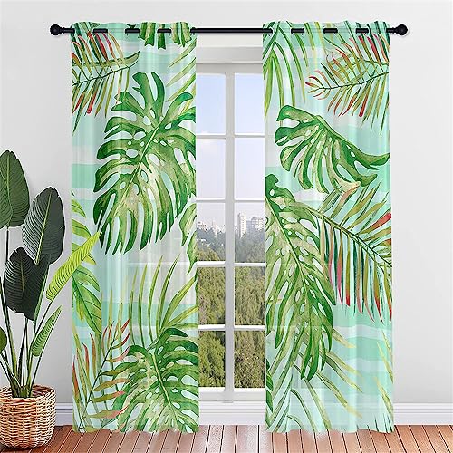 Hiseng Voile Vorhänge mit Ösen Durchsichtig Halbtransparent Ösenvorhang für Fenster Wohnzimmer Schlafzimmer Pflanzen Blätter Moderne Transparent Gardine 2er Set (140x275cm,Grüne Streifen) von Hiseng